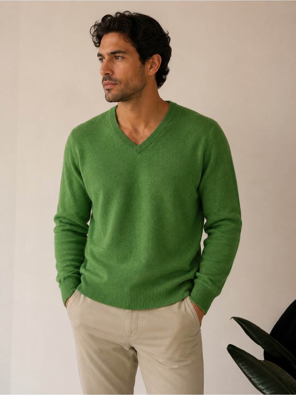 Alan Paine England Pure Lambswool V-Neck Sweater Green Men’s